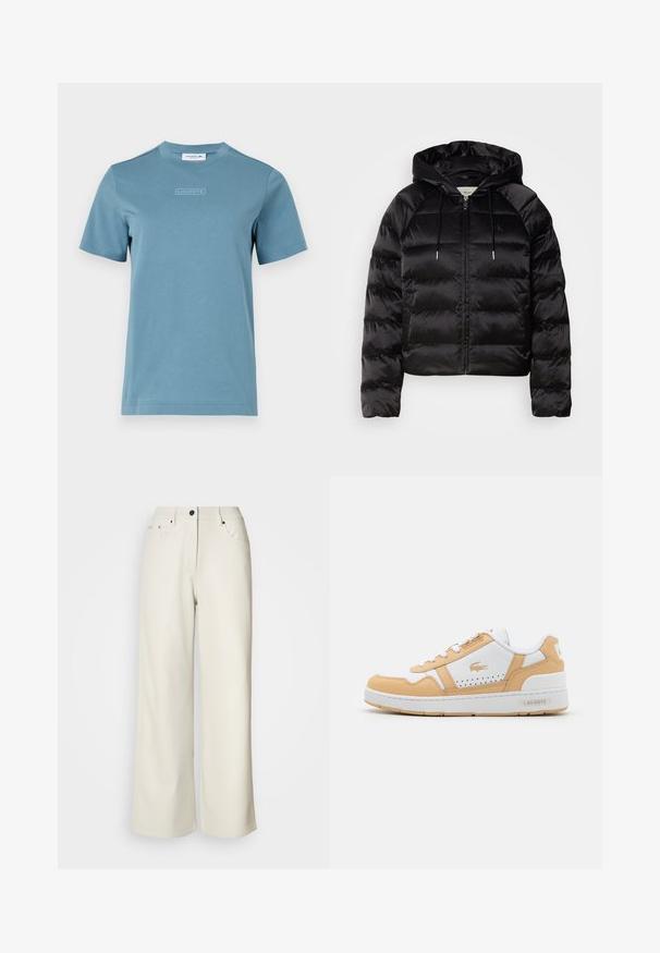 Black puffy jacket with a hood, featuring a zip front, elastic cuffs, and a smooth, glossy texture. Includes logo detail on the chest.; Cotton crew-neck t-shirt in light blue, featuring a textured "LACOSTE" logo on the front. Short sleeves and a standard fit.; Cream wide-leg pants made of smooth fabric. Features a mid-rise waist, zipper fly, and two front pockets with black hardware accents.; White and light brown sneaker with leather material, round toe, perforated design for breathability, and textured rubber sole. Brand logo on side.