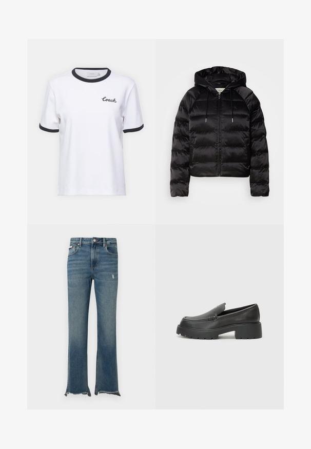 Casaco puffer preto com capuz, apresentando um fecho de correr frontal, punhos elásticos e uma textura suave e brilhante. Inclui detalhe do logótipo no peito.; T-shirt de algodão branco com gola e punhos pretos. Apresenta o logótipo bordado "Coach" no peito. Mangas curtas, corte relaxado.; Calças de ganga azuis com ligeiros desgastes, bainhas cruas desfiadas, bolsos frontais, passadores para cinto e fecho com botão.; Mocassins de couro preto com bico arredondado, sola espessa e texturizada, e detalhes de costura minimalistas. Design elegante sem atacadores ou ferragens visíveis.