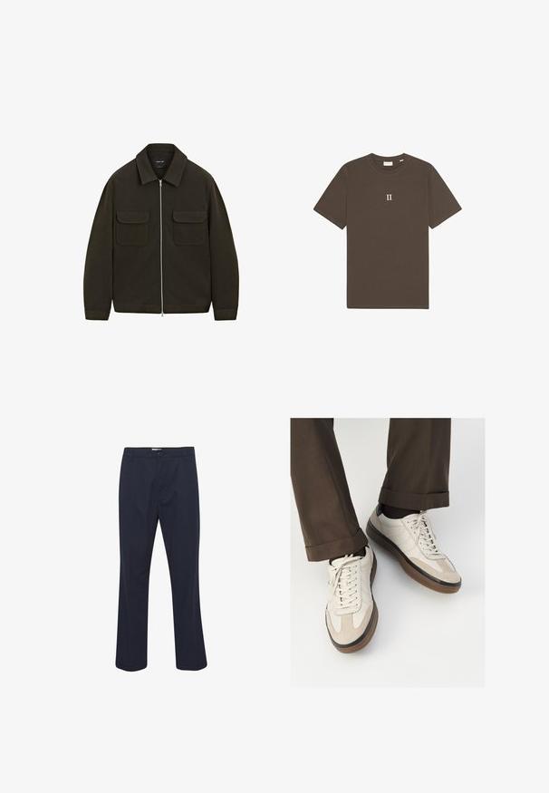 Donkergroene jas met ritssluiting, twee voorkruikezakken, gespreide kraag en ribgebreide manchetten. Gemaakt van gestructureerd materiaal.; Bruine katoenen t-shirt met een ronde halslijn en korte mouwen, met een witte "II" graphic gecentreerd op de borst.; Marineblauwe broek van een katoenmix, met een knoopsluiting, vlakke voorkant, rechte pijpen en zijzakken.; Beige sneakers met een leren voorkant van textuur-suède, gladde leren zijkanten en een bruine rubberen zool. Veters en lichte stikseldetails inbegrepen.