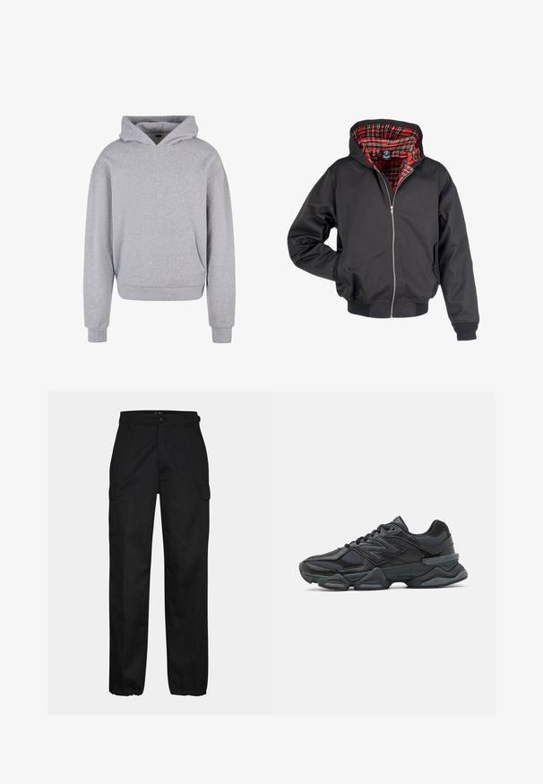 Giacca nera con zip frontale, cappuccio e fodera a quadri rossi. Presenta tasche laterali e polsini e fondo a costine. Texture esterna liscia.; Felpa grigia in cotone con tasca frontale, cappuccio con cordino e polsini e orlo a coste. Presenta una finitura morbida e testurizzata.; Pantaloni cargo neri con una vestibilità dritta, dotati di tasche laterali, chiusura con bottone e polsini elastici alle caviglie. Realizzati in tessuto resistente.; Scarpa da corsa nera con una combinazione di materiali in rete e sintetici, suola spessa, design curvo e marchio ben visibile sul lato.