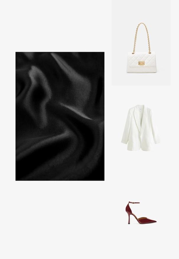 Balta linu žakete ar iegriezumu, vienu pogu un divām priekšējām kabatām. Iezīmē nedaudz pārmērīgu piegriezumu un garas piedurknes.; Melnas audums ar gludu, spīdīgu tekstūru, kurā ir krokas un viļņi, kas veido dinamisku izskatu. Viens un tas pats krāsojums visā audumā.; Augstas papēža bordo krāsas kurpes ar spīdīgu apdari, smaili purngalu, potītes siksniņu ar zelta sprādzi un plānu stiletto papēdi.; Balta pārklāta rokassoma ar zelta ķēdes siksnu un taisnstūrveida aizdari. Tam ir gluda tekstūra un ģeometriska šuvju raksts.