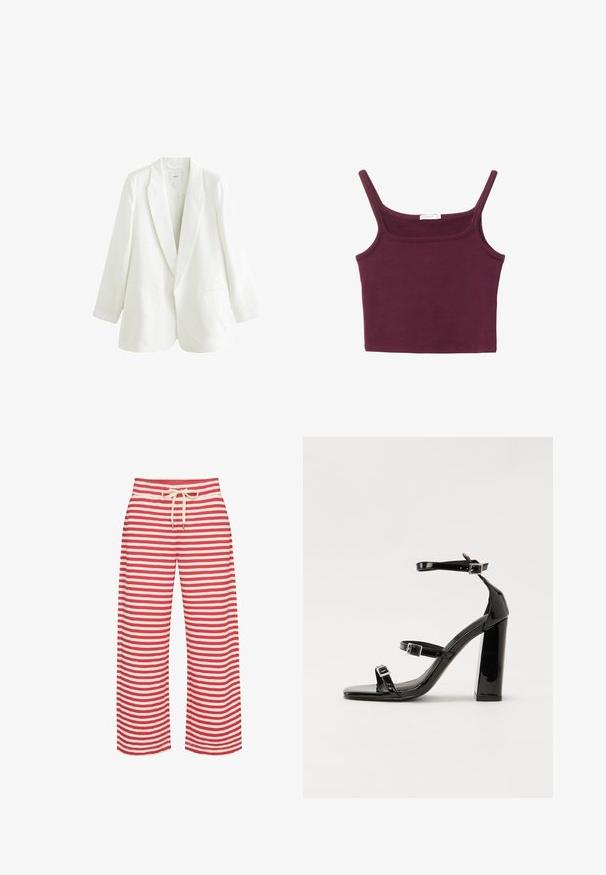 Weißer Leinenblazer mit einem Reverskragen, Ein-Knopf-Verschluss und zwei vorderen Taschen. Hat eine leicht oversized Passform und lange Ärmel.; Bordeauxfarbenes Trägertop mit dünnen Trägern, rechteckigem Ausschnitt und körperbetonter Passform. Hergestellt aus dehnbarem Stoff mit glatter Textur.; Gestreifte weite Hosen in Rot und Creme, mit einem elastischen Bund und einem Kordelzug, aus glattem Stoff und mit einem lässigen Schnitt.; Schwarze patentierte Sandalen mit Absatz, quadratischer Spitze, Knöchelriemen und silbernen Schnallen. Mit einem stabilen Blockabsatz für mehr Stabilität.