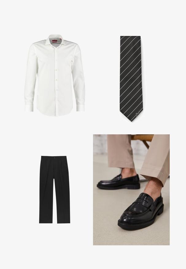 Langer schwarzer Mantel aus leichtem Material. Mit kragenförmigem Ausschnitt, vorderem Knopfverschluss und Seitentaschen. Glatte Textur, minimalistisches Design.; Weißes Langarmhemd mit Knopfleiste aus glattem Baumwollstoff. Verfügt über einen klassischen Kragen, eine saubere Vorderseite und geknöpfte Manschetten.; Schwarze Hose mit geradem Schnitt, aus einem glatten Stoff gefertigt. Verfügt über Vorderfalten und einen einzelnen Knopfverschluss an der Taille.; Schwarze Lederloafers mit glatter Oberfläche, ausgestattet mit einem dekorativen Riemen und Kontrastnähten, kombiniert mit beigen Hosen.; Schleife in Schwarz mit weißen diagonalen Streifen, aus glattem Stoff hergestellt. Sie hat eine spitze Spitze und ein kleines Logo in der unteren Ecke.