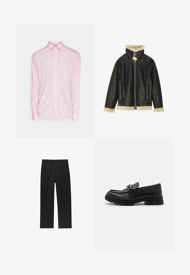 Svart läderjacka med mjuk beige fårskinnskrage och muddar. Har dragkedja framtill och två sidofickor. Robust design med spännen.; Ljusrosa långärmad skjorta med knäppning i kragen, framknappar och manschetter. Slät tygtextur med en klassisk design.; Svarta byxor med rak ben-design, tillverkade av ett jämnt tyg. Har framfickor och en enkel knapplåsning i midjan.; Svart läderloafersko med rund tå, en dekorativ rem och hårdvara, samt en chunky texturerad sula. Slät finish med subtila detaljer.
