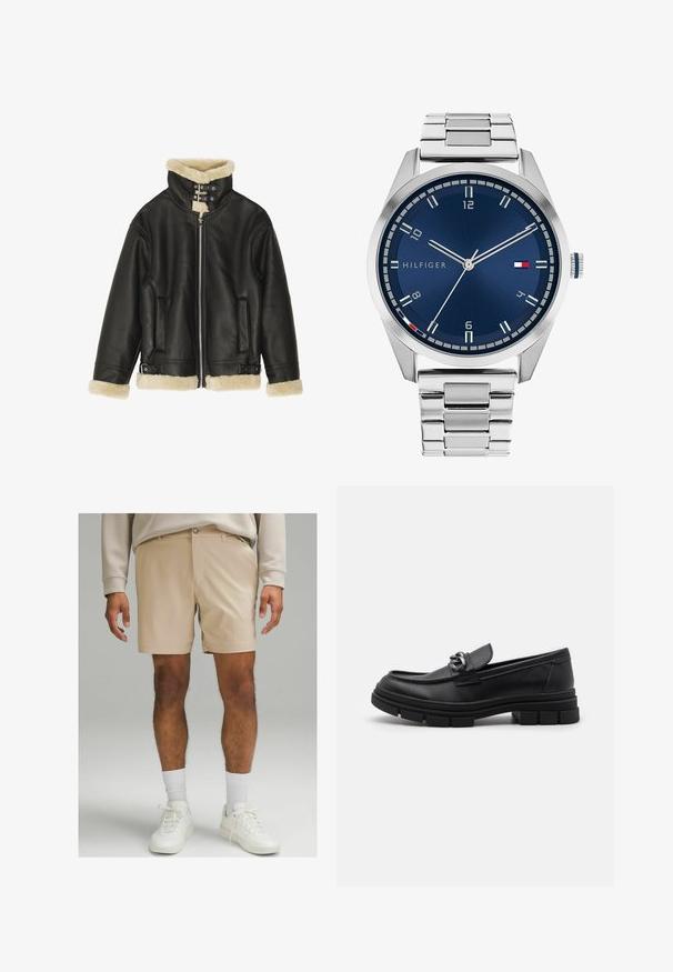 Mustast nahast jakk pehme beežikirju lambanahast krae ja varrukakõrgetega. Esiküljel lukk ja kaks küljetaskut. Tugev disain pandlatega.; Kommplekt kaheksast mustast puuvillaseest t-särgist lühikeste varrukatega ja ümarate kaelustega, millel on ühtlane disain ja pehme tekstuur.; Heledad lühikesed püksid kergest kangast, mida iseloomustab lame esiosa, küljetaskud ja nööbilukk. Kanda koos valgete spordijalanõude ja sokkidega.; Must hästnahkade läiked, millel on ümar nina, dekoratiivne rihm ja hõbedased detailid ning paks tekstureeritud talla. Sile viimistlus koos peente detailidega.; Hõbedane metallkell harjatud sinise sfääri, valgete tunnimarkerite ja kuupäeva kuvamisega. Omab kinnitatud metallist rihma ja kaubamärgi logo.