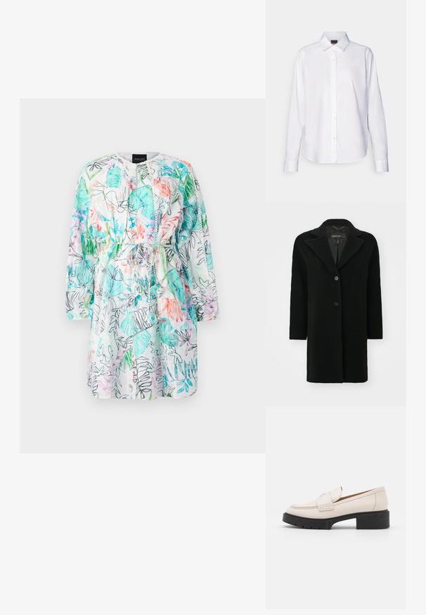 Schwarzer Wollmantel mit Reverskragen, Ein-Knopf-Verschluss und Seitentaschen. Sauberer Schnitt, mittellang mit weicher Textur.; Blumenkleid mit einer Mischung aus grünen, rosafarbenen und blauen Mustern auf einem weißen Hintergrund. Lange Ärmel, Kordelzug in der Taille, leichtes Material.; Weiße Langarm-Bluse aus Baumwolle. Mit klassischem Kragen und subtilem Markenstick auf der Brust. Glatte Textur.; Hellebeige Lederloafers mit einer gesteppten Vorderseite und einem strukturierten schwarzen Plateauabsatz. Merkmale ein geschwungenes Design und eine leichte Erhöhung.