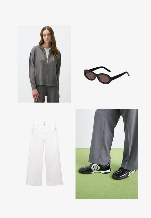 Schwarzer Trenchcoat aus wollähnlichem Stoff, mit doppelter Knopfleiste, großem Kragen, tailliertem Gürtel und umgeschlagenen Manschetten.; Grauer Reißverschluss-Hoodie mit Kapuze, der eine weiche Textur, einen gerippten Saum und lange Ärmel aufweist. Kombiniert mit passenden Hosen, die eine lässige Passform bieten.; Langärmliges Shirt aus leichtem grauen Baumwollstoff, mit einem weiten Halsausschnitt und einer glatten, weichen Textur ohne erkennbare Muster oder Akzente.; Weiße, weit geschnittene Jeans aus Baumwolle mit hoher Taille, Fünf-Taschen-Design und Messingbeschlägen. Glatte, unbeschädigte Oberfläche.; Schwarze Lackledersneaker mit einem silbernen "90"-Detail, ausgestattet mit einer strukturierten Oberfläche und Schnürdesign, kombiniert mit grauen weit geschnittenen Hosen.; Schwarze ovale Sonnenbrillen mit braun getönten Gläsern. Mit dicken Kunststoffrahmen und schlanken, geschwungenen Bügeln. Glatte Oberfläche über das gesamte Design.