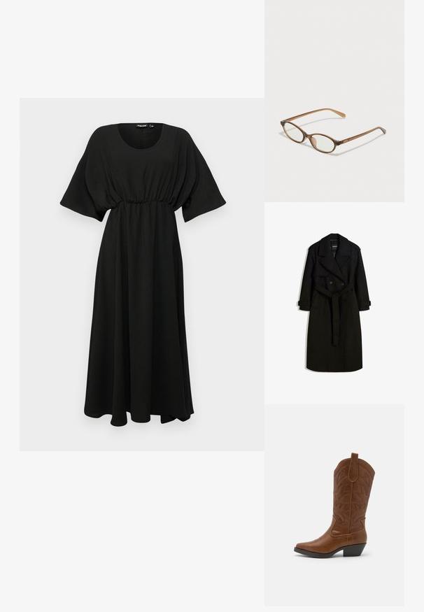 Manteau noir en tissu semblable à de la laine, avec un devant à double boutonnage, un grand col, une taille ceinturée et des poignets retroussés.; Robe noire, midi, avec des manches courtes et larges, taille froncée et tissu léger. Elle présente une texture lisse et un décolleté rond simple.; ONLY SHOES ONLBRONCO - Bottes de cowboy / motard - brown; Lunettes en écaille de tortue marron avec des verres ovales, des branches fines et des accents transparents. Présente un logo subtil sur la branche. Design élégant et léger.; Sac à bandoulière en cuir noir avec une forme incurvée, une seule bandoulière, une fermeture éclair et des détails de couture subtils le long du corps.