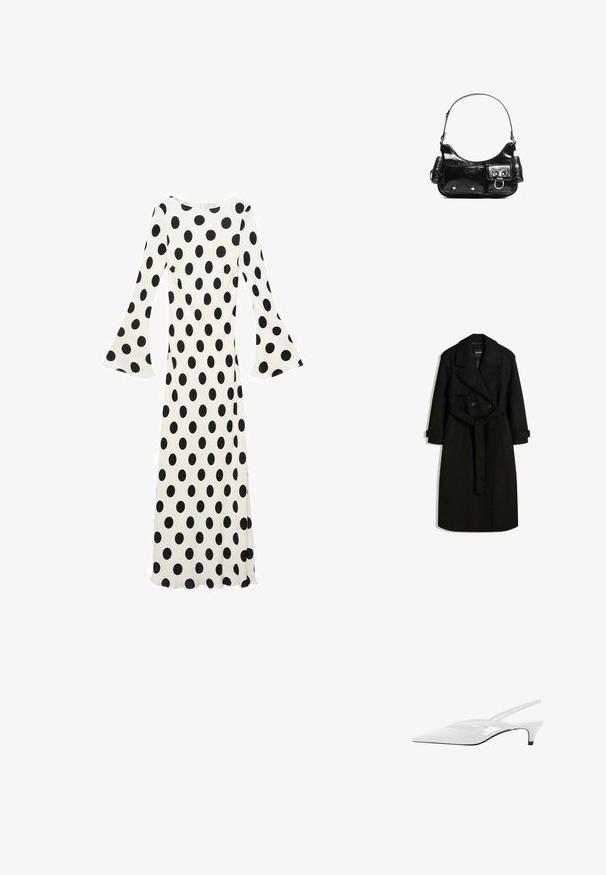 Cappotto nero realizzato in un tessuto simile alla lana, con fronte doppiopetto, ampio colletto, vita con cintura e polsini arrotolati.; Abito a maniche lunghe in tessuto bianco con grandi pois neri, con polsini svasati e silhouette aderente.; Décolleté bianco con punta affilata, caratterizzato da una tomaia liscia, sottili aperture e un tacco a blocco basso. La suola nera esalta il design.; Borsa a spalla in vernice nera con forma curvata, una tracolla, tasche frontali e dettagli in metallo argentato.