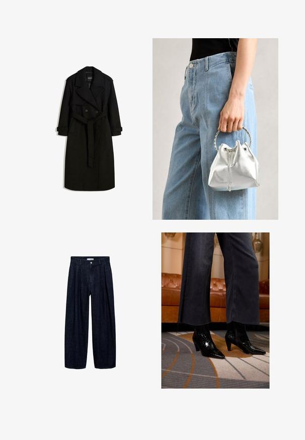 Black trench coat made of wool-like fabric, featuring a double-breasted front, large collar, belted waist, and rolled cuffs.; Brown ribbed knit sweater with a round neckline and long sleeves, featuring textured fabric and a fitted silhouette.; Dark denim wide-leg trousers with pleats at the waist, featuring a front button and belt loops. Smooth texture and full-length design.; Black pointed-toe ankle boots with textured finish worn under frayed-hem black wide-leg pants on patterned carpet.; Metallic silver bucket bag with a textured finish, adorned with a silver round handle and drawstring closure, held against light blue jeans.