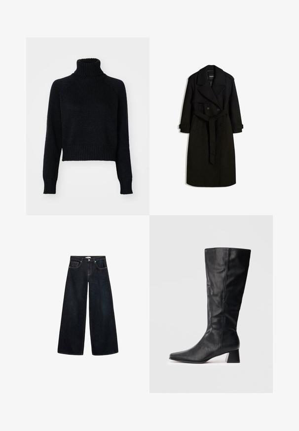 Black trench coat made of wool-like fabric, featuring a double-breasted front, large collar, belted waist, and rolled cuffs.; Dark knitted turtleneck sweater with a cropped design, featuring ribbed cuffs and hem, and a textured weave throughout.; Wide-leg dark denim jeans with a high waist, featuring contrasting stitching, front pockets, and a minimalistic design.; Black mid-calf leather boot with pointed toe and block heel on plain light background.