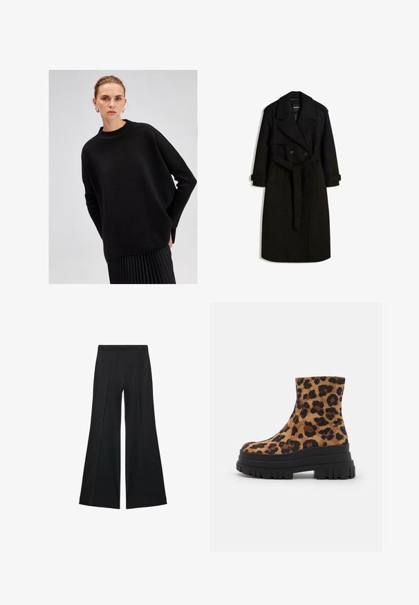 Palton negru dintr-un material asemănător lăncii, cu un front cu două rânduri de nasturi, guler mare, talie evidențiată prin curea și manșete răsucite.; Pulover negru supradimensionat, realizat dintr-un material tricotat texturat, având un guler înalt și mâneci lungi, largi, purtat împreună cu o fustă neagră plisată.; Pantaloni negri cu croială largă, având o textură netedă, cu pliseuri frontale și un design croit. Materialul este ușor și fluid.; Cizme ankle cu imprimeu leopard, cu un upper din material moale, talpă plată groasă de culoare neagră și textură striată pentru aderență. Siluetă elegantă și modernă.