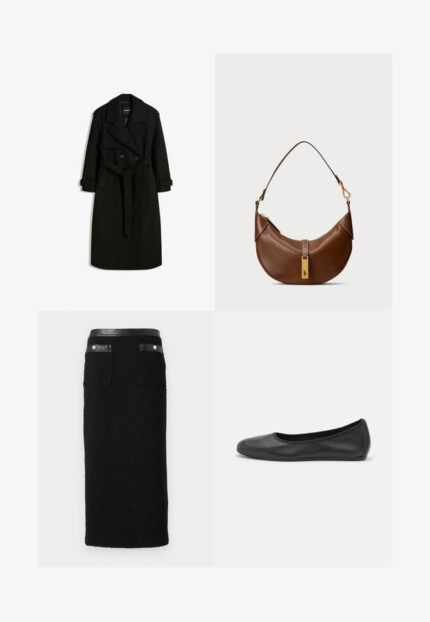 Schwarzer Trenchcoat aus wollähnlichem Stoff, mit doppelter Knopfleiste, großem Kragen, tailliertem Gürtel und umgeschlagenen Manschetten.; Weißes, geripptes Tanktop mit runder Ausschnittform und ärmellosem Design, ausgestattet mit einem geraden Saum und einer glatten, dehnbaren Textur.; Schwarzer Bleistiftrock aus strukturiertem Material, mit einem glatten schwarzen Bund, zwei hinteren Taschen mit silbernen Beschlägen.; Schwarze Leder-Ballettschuhe mit abgerundeter Spitze, glatter Textur, minimalen Nähdetails und einem flexiblen Sohlen-Design.; Braune Leder-Schultertasche mit geschwungener Form, goldenen Hardware-Details, Verschluss oben und einem Logo-Akzent. Glatte Textur mit genähten Kanten.