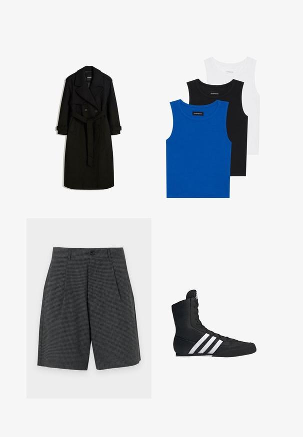 Černý trenčkot vyrobený z vlněnému podobného materiálu, s dvojitým zapínáním vpředu, velkým límcem, páskem v oblasti pasu a ohrnutými manžetami.; Tři bezramínkové trička v modré, černé a bílé barvě. Materiál je ribovaný s kulatým výstřihem. Každé tričko má štítek s nápisem „even&odd.“; Tmavě šedé šortky s mřížkovým vzorem, s plisováním, bočními kapsami a knoflíkovým zapínáním na pase. Hladká textura látky.; Černá vysoká sportovní bota s texturovaným textilním svrškem, který má tři bílé pruhy a šněrování v přední části. Na spodní straně plochá gumová podrážka.