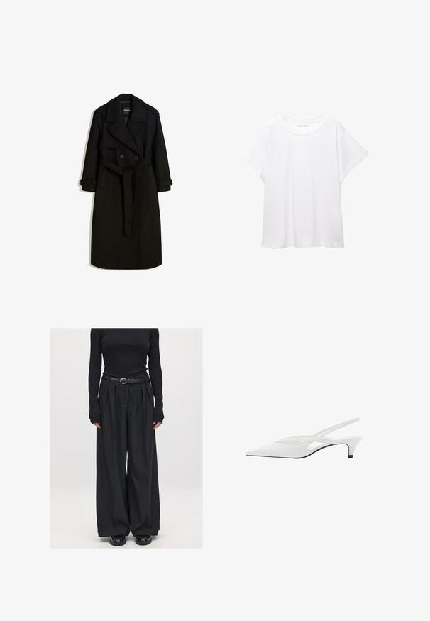 Schwarzer Trenchcoat aus wollähnlichem Stoff, mit doppelter Knopfleiste, großem Kragen, tailliertem Gürtel und umgeschlagenen Manschetten.; Weißes T-Shirt aus weichem, leichtem Stoff. Mit runder Halslinie und kurzen, weit geschnittenen Ärmeln für einen lässigen Sitz. Keine sichtbaren Muster.; Schwarzes, geripptes langärmliges Oberteil kombiniert mit hoch taillierten, weiten schwarzen Hose, akzentuiert durch einen schmalen schwarzen Gürtel, abgerundet mit glänzenden Schuhen.; Weißer Slingback-Absatzschuh mit spitzer Zehenpartie, featuring ein glattes Obermaterial, subtile Ausschnitte und einen niedrigen Blockabsatz. Die schwarze Sohle betont das Design.
