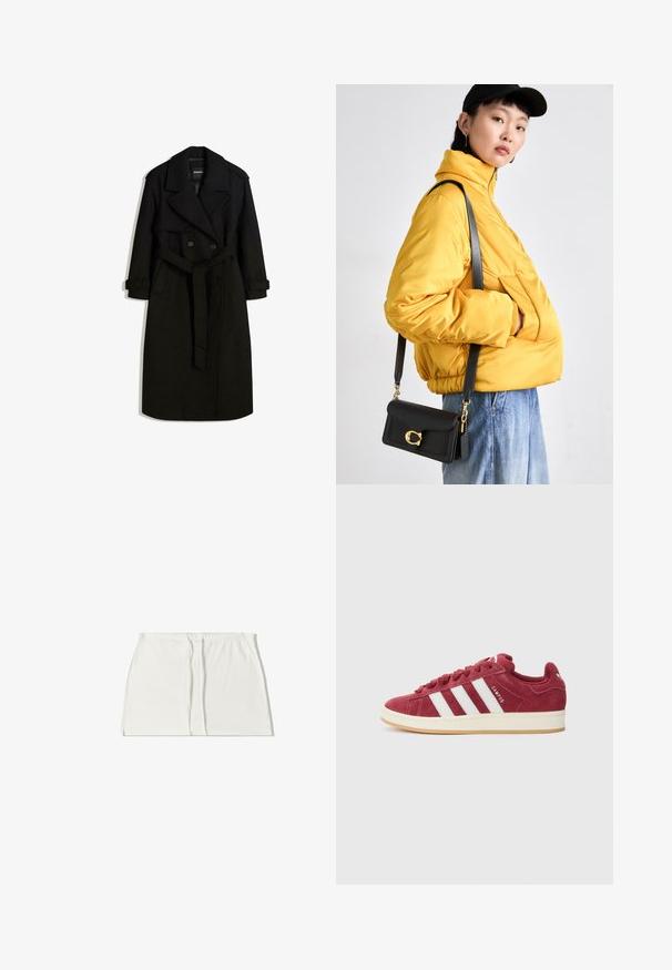 Czarny płaszcz trench wykonany z materiału przypominającego wełnę, z podwójnym zapięciem z przodu, dużym kołnierzem, paskiem w talii i podwiniętymi rękawami.; Biały top bez rękawów wykonany z miękkiej tkaniny, z szerokim dekoltem i wydłużonymi otworami na ramiona, charakteryzujący się gładką fakturą i minimalistycznym designem.; Biała spódnica na elastycznym pasku z dwoma plisami z przodu i bocznymi rozcięciami. Gładka tekstura i prosta sylwetka. Brak widocznych elementów metalowych lub wzorów.; Czerwone zamszowe sneakersy z białymi paskami, płaskimi sznurowadłami i gumową podeszwą. Zawierają wyściełany kołnierz i język, z logo "CAMPUS" na boku.; Żółta pikowana kurtka z wysokim kołnierzem i przednią kieszenią, połączona z czarną torbą na ramię z złotymi akcentami. Luźne dżinsowe spodnie.