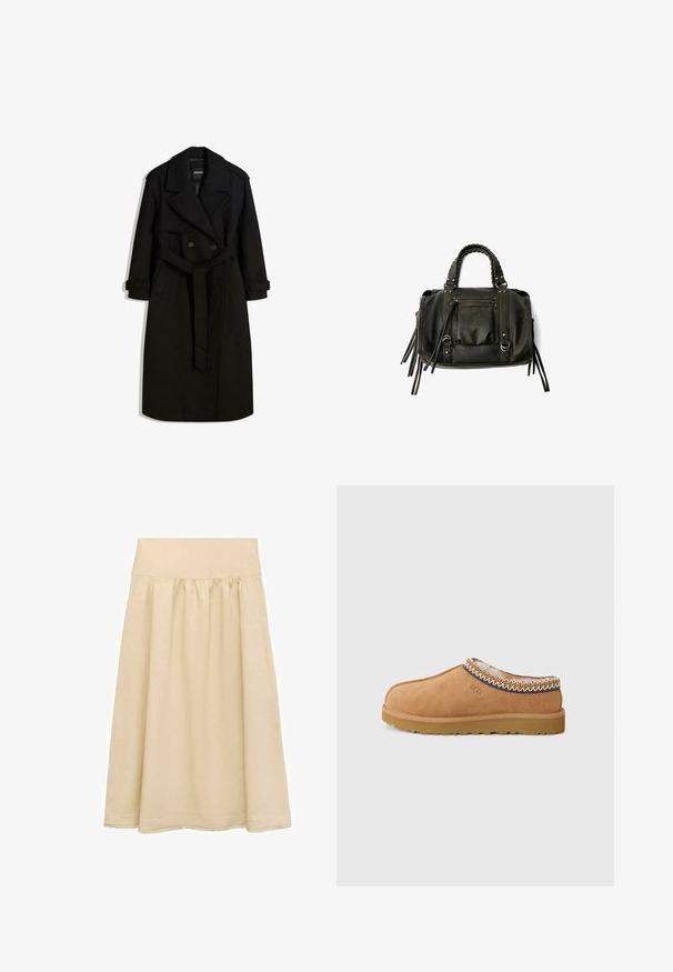 Černý trenčkot vyrobený z vlněnému podobného materiálu, s dvojitým zapínáním vpředu, velkým límcem, páskem v oblasti pasu a ohrnutými manžetami.; Bílý dlouhý rukáv top s kulatým výstřihem, vyrobený z měkké tkaniny, s minimálními švy a volným střihem.; Krémová midi sukně vyrobená z lehkého materiálu, s elastickým pasem, řaseným designem a lemem s jemným třásňovým detailem.; Béžová semišová nazouvací bota s texturovanou vlněnou podšívkou a dekorativním etnickým prošíváním kolem kotníku. Má gumovou podrážku.; Černá kožená kabelka s pletenými rukojetmi, kapsou na zip a visícími třásněmi. Texturovaný povrch s kovovými hroty a kovovými akcenty.; Zign Náramek - silver-coloured