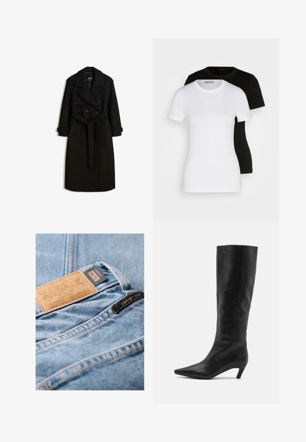 Cappotto nero realizzato in un tessuto simile alla lana, con fronte doppiopetto, ampio colletto, vita con cintura e polsini arrotolati.; Due magliette a maniche corte in bianco e nero. Realizzate in cotone morbido, presentano un classico scollo rotondo e una vestibilità regolare.; Jeans in denim azzurro con una patch in pelle beige etichettata "SUPERDRY" e taglia "26/32." Presentano un taglio dritto e dettagli di cucitura visibili.; RAID FLAURA - Stivali alti - black