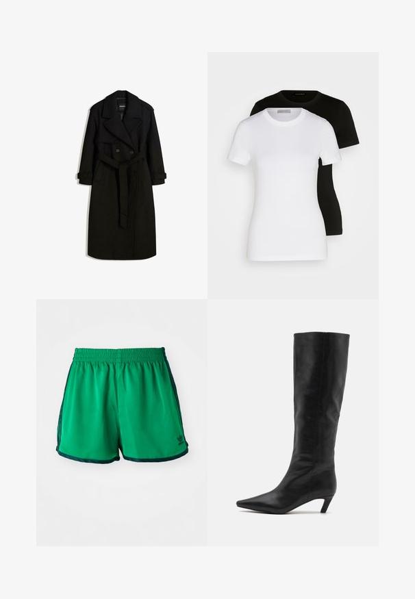 Palton negru dintr-un material asemănător lăncii, cu un front cu două rânduri de nasturi, guler mare, talie evidențiată prin curea și manșete răsucite.; Două tricouri cu mânecă scurtă, negre și albe. Realizate din bumbac neted, cu un guler rotund clasic și o croială regulată.; Șorturi atletice verzi cu o textură netedă, talie elastică și accente laterale de un verde închis. Prezintă logo-ul Adidas pe tivul inferior.; RAID FLAURA - Cizme - black
