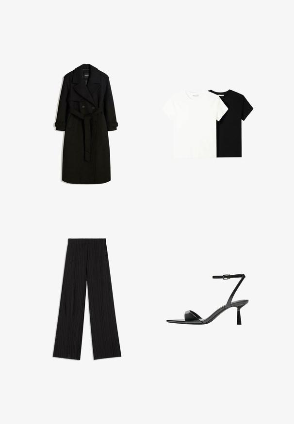 Zwarte trenchcoat gemaakt van een wolachtige stof, met een dubbelzijdige voorkant, grote kraag, een ceintuur in de taille en opgerolde mouwen.; Twee t-shirts met korte mouwen, één wit en één zwart, gemaakt van katoen. Beide hebben een ronde halslijn en een eenvoudig, klassiek ontwerp.; Zwarte wijde broek gemaakt van geplooide stof, met een elastische tailleband en een gladde, strakke textuur.; Bershka Sandalen met hoge hak - black