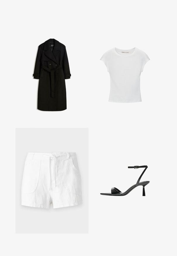 Črn plašč iz volnenega materiala, z dvojnim zapenjanjem spredaj, velikim ovratnikom, pasom in zavihanimi manšetami.; Bela bombažna majica s krožnim izrezom, kratkimi rokavi in prilegajočim se dizajnom. Gladka tekstura brez vzorcev ali okraskov.; Beli laneni kratki hlače z vrvico v pasu, z dvema sprednjima žepoma in gladko teksturo. Preprost dizajn brez okraskov.; Bershka Sandali z visoko peto - black