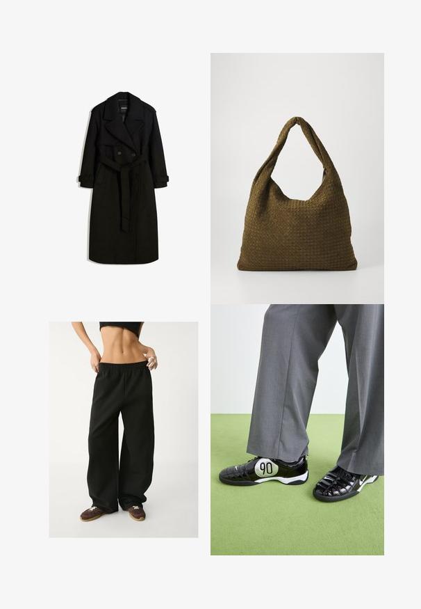 Musta trench-takki villamaisesta kankaasta, jossa on kaksirivinen etuosa, suuri kaulus, vyötetty vyötärö ja kääritty hihansuu.; Paita polo lanka dài tay sọc xanh navy và trắng, chất liệu cotton, có cổ, hàng ba cúc, và một logo thêu nhỏ trên ngực.; Mustat, leveät Collegehousut, joissa on joustava vyötärö. Valmistettu pehmeästä kankaasta, jossa on rento istuvuus. Yhdistetty ruskeisiin lenkkikengiin.; Musta patentoitu nahkakengät hopeisella "90" yksityiskohdalla, joissa on teksturoitu pinta ja nauhakiinnitys, yhdistettyinä harmaisiin leveisiin housuihin.; Kudottu kangaskassi oliivinvihreänä, tilavalta pyöreältä muodoltaan ja yhdessä pitkittäisessä kantokahvassa. Pintakuviointi.