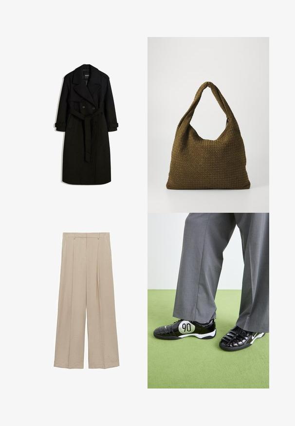 Svart trenchcoat i ull-liknande tyg, med dubbelknäppt front, stor krage, bälte i midjan och upplagda ärmar.; Långärmad polo skjorta i marinblå och vita ränder, i bomullstyg, med krage, treknäppningsplacket och en liten broderad logotyp på bröstet.; Beige vida byxor i ett lätt tyg med en mjuk textur, framfåll, och hög midja med bältesöglor.; Svarta patenterade sneakers med en silver "90"-detalj, med en texturerad yta och snörningsdesign, tillsammans med grå vida byxor.; Vävd tygväska i olivgrön med en rymlig, rundad form och ett enda, förlängt handtag för bärning. Strukturerad yta.