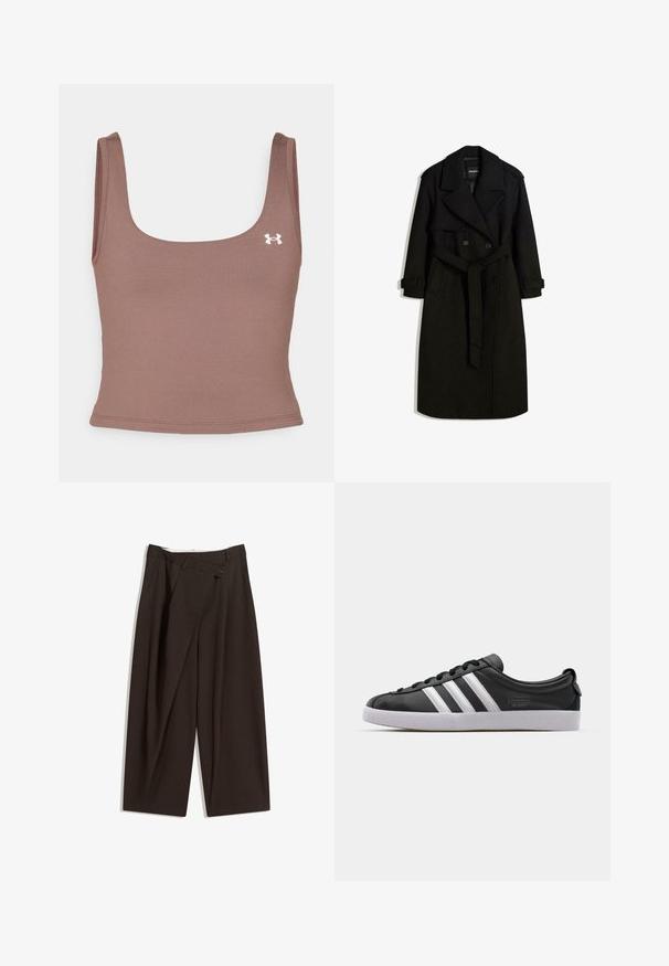 Black trench coat made of wool-like fabric, featuring a double-breasted front, large collar, belted waist, and rolled cuffs.; Brown cropped tank top with a square neckline, made from a smooth, stretchy fabric. Features a small white logo on the left side.; Dark brown wide-leg trousers with a high waist, featuring a single button closure and a pleated front. Made from lightweight fabric.; Black leather sneaker with white three-stripe design, rounded toe, flat white rubber sole, and branded detail on the side.