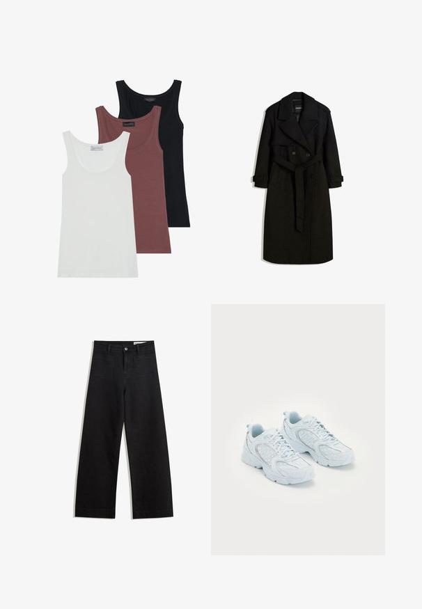 Cappotto nero realizzato in un tessuto simile alla lana, con fronte doppiopetto, ampio colletto, vita con cintura e polsini arrotolati.; Tre canotte nei colori bianco, bordeaux e nero. Ognuna presenta un collo a giro e spalline sottili, realizzate in un tessuto morbido e elasticizzato.; Pantaloni in denim neri a gamba larga con vita alta, dotati di tasche anteriori e posteriori, cuciture a punto, e chiusura con bottone. Texture liscia.; Scarpe da ginnastica di colore azzurro chiaro con una tomaia in rete e sintetico, caratterizzate da pois bianchi e dettagli riflettenti, design con lacci e suole imbottite.