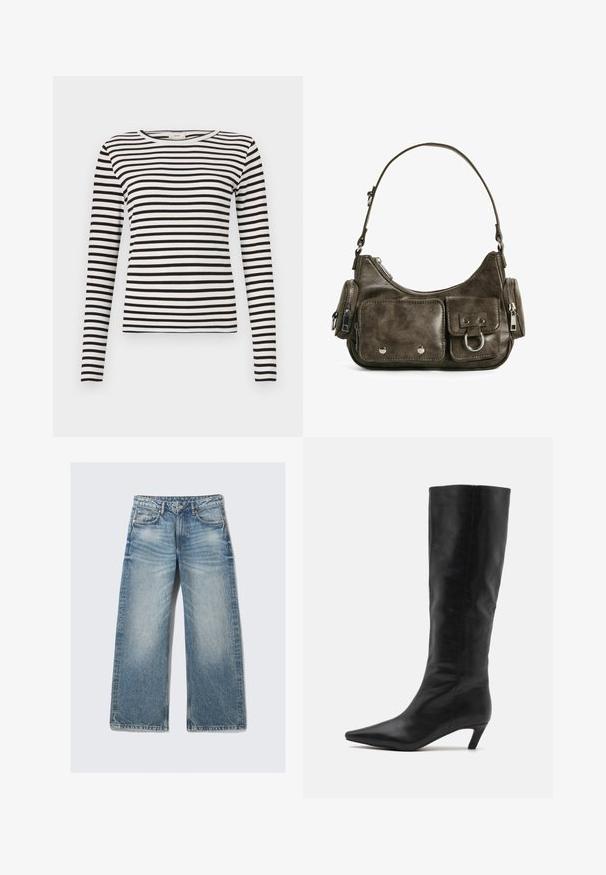 Crni kaput od vune, s dvostrukim kopčanjem sprijeda, velikim ovratnikom, pasom s remenom i uvijenim manžetama.; Majica dugih rukava crno-bijelih pruga s okruglim izrezom i prilagođenom rebrastom teksturom. Uravnotežena širina pruga na cijelom dijelu.; Svijetloplavi široki traperice izrađene od denima, s visokim strukom, pet džepova te izblijedjelim pranjem s suptilnim efektom whiskeringa.; RAID FLAURA - Čizme - black; Tamnozelena kožna torba u obliku krivulje, s patentnim zatvaračima i prednjim džepom s preklopom. Ima srebrne metalne detalje i teksturiranu površinu.