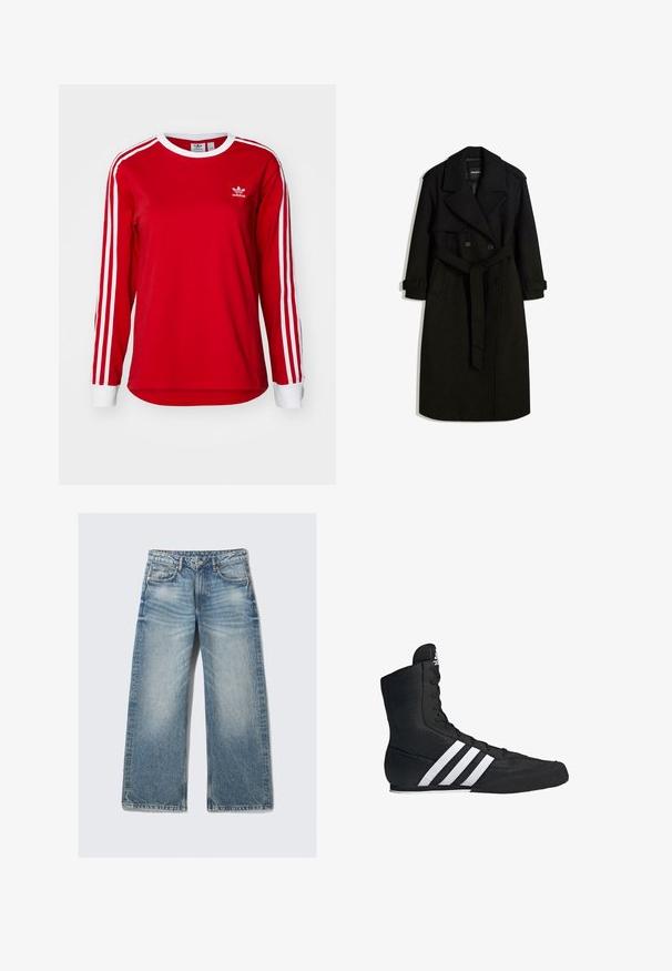 Musta trench-takki villamaisesta kankaasta, jossa on kaksirivinen etuosa, suuri kaulus, vyötetty vyötärö ja kääritty hihansuu.; Punainen pitkähihainen paita, joka on valmistettu puuvillasta ja jossa on valkoiset raidat olkapäillä sekä pyöreä pääntie. Paidassa on pieni valkoinen logo rinnassa.; Vaaleansiniset leveälahkeiset farkut, joissa on korkea vyötärö, viisi taskua ja haalistunut pesu kevyellä kupruttamisvaikutuksella.; Mustat korkeat urheilukengät, joissa on teksturoitu kangaspinta, ja joissa on kolme valkoista raitaa sekä nauhalla varustettu etuosa. Tasainen kumipohja alaosassa.