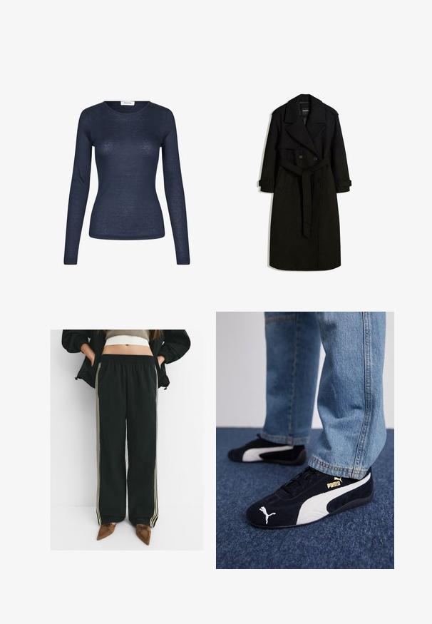 Cappotto nero realizzato in un tessuto simile alla lana, con fronte doppiopetto, ampio colletto, vita con cintura e polsini arrotolati.; Camicia a maniche lunghe blu realizzata in tessuto leggero. Presenta un colletto rotondo e un design aderente con texture minima.; Pantaloni jogger neri, larghi, con vita elastica e tasche laterali, caratterizzati da strisce a contrasto di un beige chiaro lungo le gambe.; Sneaker in suede nera con dettagli bianchi, dotate di un logo dorato. Indossate con jeans di denim azzurro e posizionate su una superficie blu testurizzata.