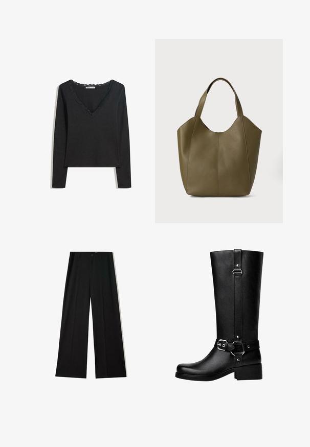 Svart trenchcoat i ull-liknande tyg, med dubbelknäppt front, stor krage, bälte i midjan och upplagda ärmar.; Svart långärmad topp i mjukt tyg. Har en djup V-ringning med vågig spetskant och en figurnära siluett. Inga synliga mönster.; Svarta, vida byxor med en mjuk textur, med frontveck och knäppning. Designade för en avslappnad passform och en formell look.; Höga svarta låtsasläderstövlar med rund tå, accentdetalj i form av spänne och en kraftig klack. Slät textur och vertikal söm på skaftet.; Olivgrön läderaxelväska med dubbla remmar, slät textur och design med fyra paneler. Förstärkt sömnad längs sömmarna för hållbarhet.