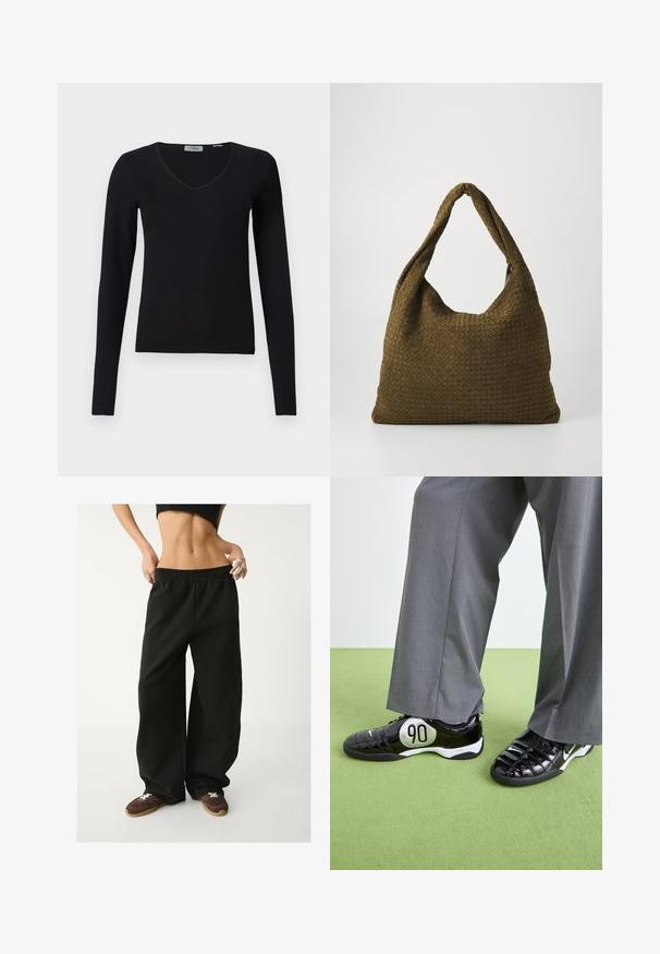 Schwarzer Trenchcoat aus wollähnlichem Stoff, mit doppelter Knopfleiste, großem Kragen, tailliertem Gürtel und umgeschlagenen Manschetten.; Schwarzer, langärmliger V-Ausschnitt-Pullover, der vor einem weißen Hintergrund präsentiert wird. Er zeichnet sich durch eine gerippte Struktur und ein einfaches, lässiges Design aus.; Schwarze, weite Jogginghosen mit elastischem Taillenbund. Hergestellt aus weichem Stoff und mit lockerer Passform. Kombiniert mit braunen Turnschuhen.; Schwarze Lackledersneaker mit einem silbernen "90"-Detail, ausgestattet mit einer strukturierten Oberfläche und Schnürdesign, kombiniert mit grauen weit geschnittenen Hosen.; Gewebte Handtasche in Olivgrün mit einer geräumigen, runden Form und einem einzelnen, verlängerten Tragegriff. Strukturiere Oberfläche.
