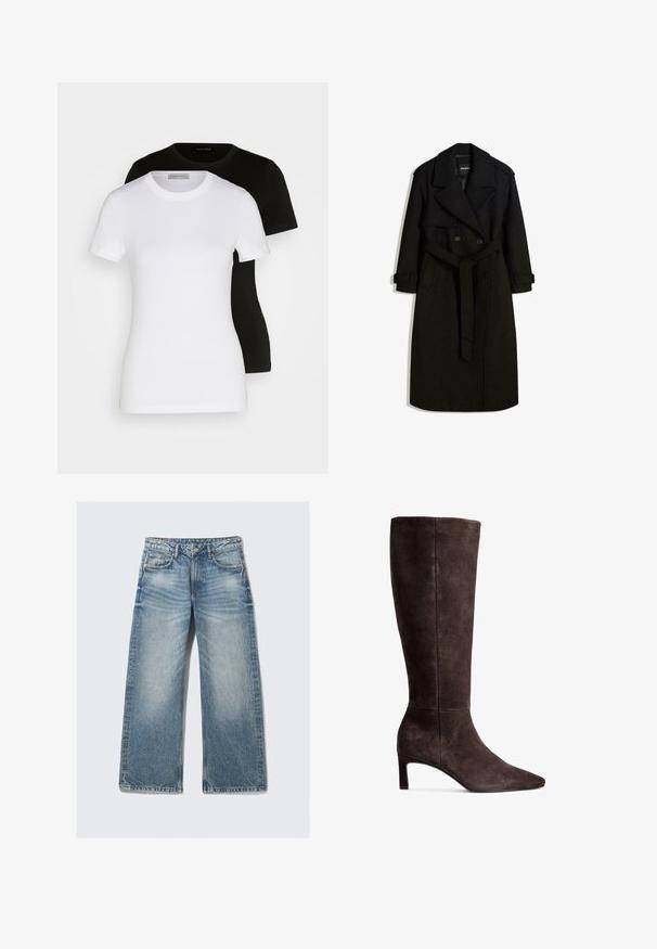 Zwarte trenchcoat gemaakt van een wolachtige stof, met een dubbelzijdige voorkant, grote kraag, een ceintuur in de taille en opgerolde mouwen.; Twee T-shirts met korte mouwen in zwart en wit. Gemaakt van soepel katoen, met een klassieke ronde halslijn en een normale pasvorm.; Lichtblauwe wijde jeans van denim, met een hoge taille, vijf zakken en een vervaagde was met subtiele whiskering-effect.; Bruine suede kniehoge laars met een puntige neus en een hak van 7,5 cm. Glad textuur, slanke silhuet en minimalistisch ontwerp.