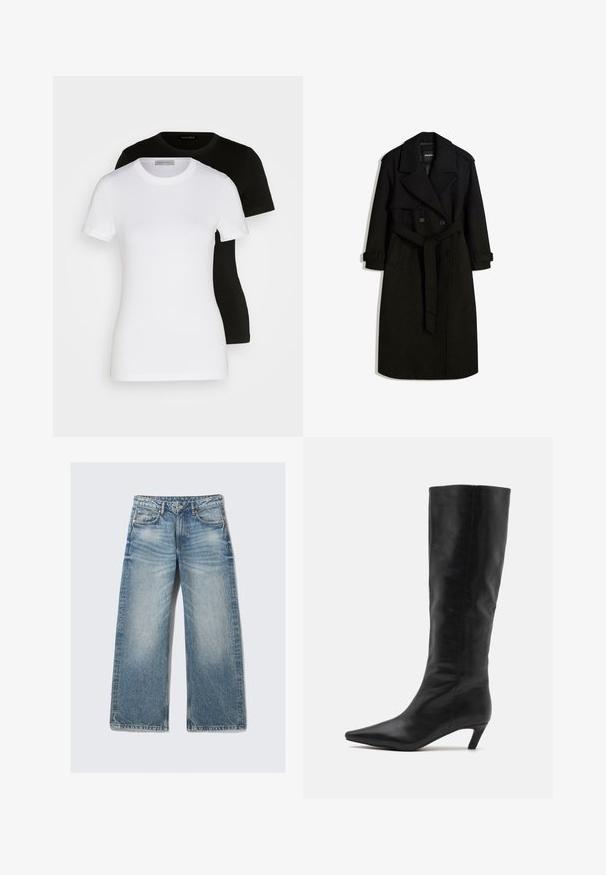 Črn plašč iz volnenega materiala, z dvojnim zapenjanjem spredaj, velikim ovratnikom, pasom in zavihanimi manšetami.; Dve kratke majice z dolgimi rokavi v črni in beli barvi. Narejene iz gladkega bombaža, z klasičnim okroglim izrezom in rednim krojem.; Svetlo modri široki traper hlače, izdelane iz denima, z visokim pasom, petimi žepi in bledim pranjem z rahlim učinkom drgnjenja.; RAID FLAURA - Škornji - black