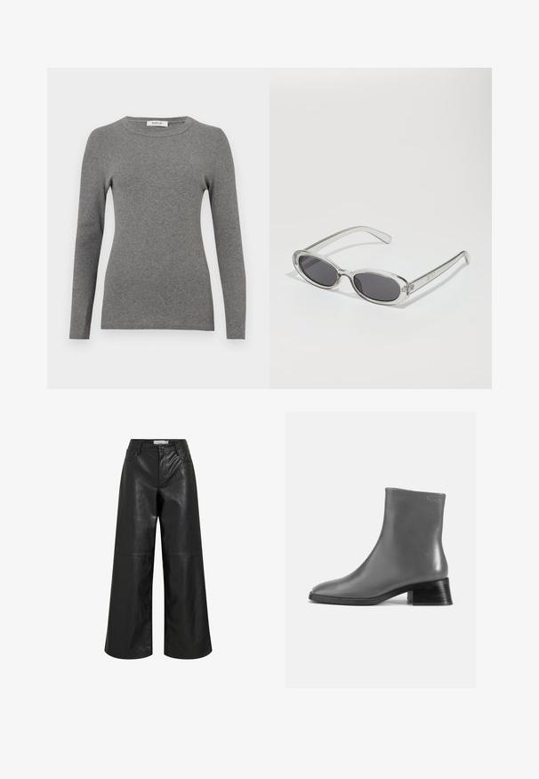Sort trenchcoat lavet af uldlignende stof, med dobbeltradet front, stort krave, bælte i taljen og opfoldede manchetter.; Grå langærmet top lavet af et blødt ribbet materiale. Har en rund halsudskæring og en tætsiddende silhuet, med minimalt pynt eller mønstre.; Sorte læder wide-leg bukser med en glat overflade, der har forlommer, en knaplukning og sømdetaljer langs benene.; Grå læder ankelstøvle med rund tå og en kort, stablet sort hæl. Glat tekstur med minimal detaljer.; Solsikker med oval form, klar plastramme, mørkegrå linser og tynde gennemsigtige arme med logovariationer og minimal detaljer.