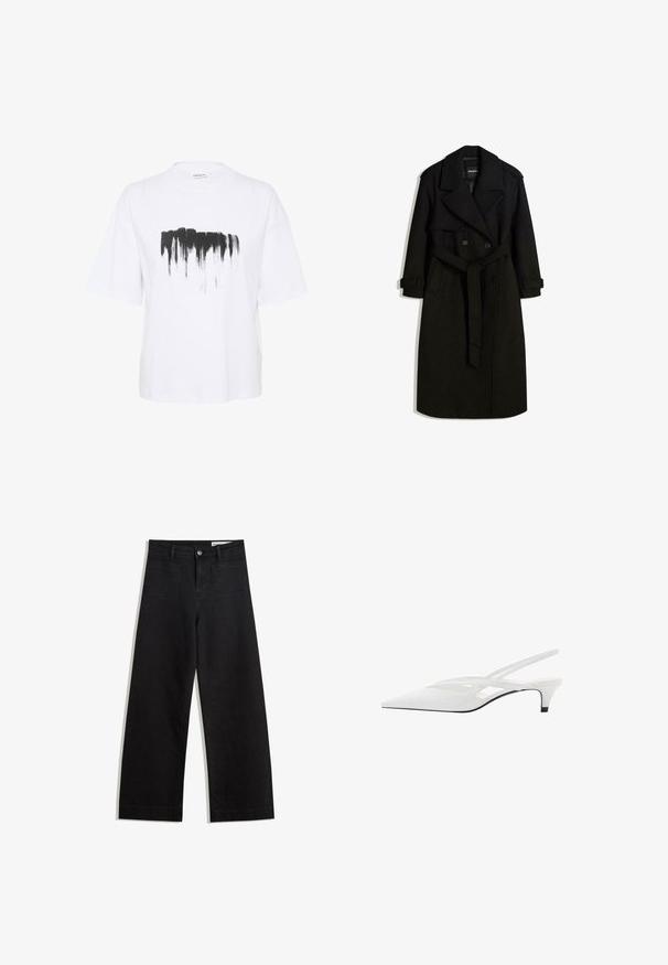 Black trench coat made of wool-like fabric, featuring a double-breasted front, large collar, belted waist, and rolled cuffs.; White cotton t-shirt with a loose fit, featuring a black brushstroke print across the chest and short sleeves.; Black wide-leg denim pants with a high waist, featuring front and back pockets, stitched seams, and a button closure. Smooth texture.; White slingback heel with pointed toe, featuring a smooth upper, subtle cutouts, and a low block heel. Black sole accentuates design.