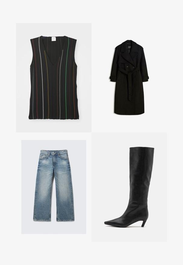 Černý trenčkot vyrobený z vlněnému podobného materiálu, s dvojitým zapínáním vpředu, velkým límcem, páskem v oblasti pasu a ohrnutými manžetami.; Černý bezrukávový top s výstřihem do V, zdobený svislými pruhy v červené, bílé, modré, žluté, zelené a hnědé barvě; žebrovaná struktura.; Světle modré široké džíny vyrobené z denimu, s vysokým pasem, pěti kapsami a vybledlým vzhledem s jemným efektem žmolků.; RAID FLAURA - Vysoká obuv - black