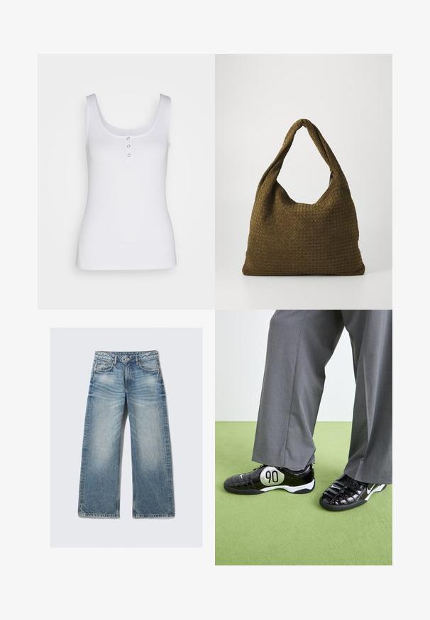 Cappotto nero realizzato in un tessuto simile alla lana, con fronte doppiopetto, ampio colletto, vita con cintura e polsini arrotolati.; Canotta bianca in tessuto a costine, con scollatura a barchetta e tre bottoni a pressione metallici sul davanti. Texture morbida, forma aderente.; Jeans a gamba larga di colore azzurro chiaro, realizzati in denim, con vita alta, cinque tasche e lavaggio sbiadito con un effetto leggero di whiskering.; Sneakers in pelle verniciata nera con un dettaglio argentato "90", caratterizzati da una superficie testurizzata e un design con lacci, abbinati a pantaloni larghi grigi.; Borsa in tessuto intrecciato di colore verde oliva, dalla forma ampia e arrotondata, con un'unica maniglia allungata per il trasporto. Superficie texturizzata.
