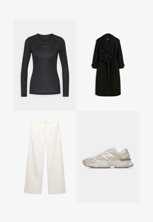 Čierny trench coat vyrobený z vlnenej tkaniny, s dvojradovým zapínaním, veľkým golierom, opaskom v páse a zvinutými manžetami.; Dlhý rukáv čierneho topu vyrobeného z mäkkej tkaniny. Má okrúhly výstrih a tónové logo "Isadore" na hrudi. Slim fit dizajn.; Biele široké džínsy vyrobené z denimového materiálu s vysokým pásom, obsahujúce predné vrecká a kovové prvky na zapínaní a zips.; Béžové a svetlomodré sieťované a semišové atletické tenisky s bielym logom "N" a robustnou bielou a hnedou podrážkou, bočný pohľad.