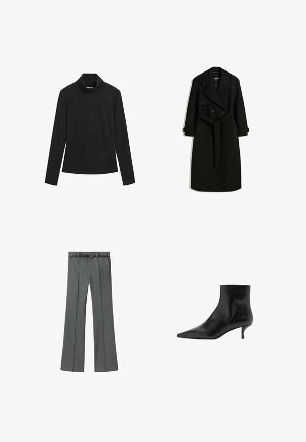 Zwarte trenchcoat gemaakt van een wolachtige stof, met een dubbelzijdige voorkant, grote kraag, een ceintuur in de taille en opgerolde mouwen.; Zwarte lange mouwen coltrui met een getailleerde silhouet en een gladde stof op een witte achtergrond.; Grijze op maat gemaakte broek met een recht model, lichtgewicht stof, riemlussen en een smalle riem met een zilveren gesp.; Zwarte leren enkelboot met een puntige neus, slanke kittenhak en een gladde textuur. Eenvoudig ontwerp, geen decoratieve accenten.