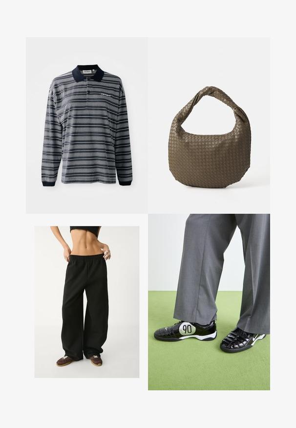 Czarny płaszcz trench wykonany z materiału przypominającego wełnę, z podwójnym zapięciem z przodu, dużym kołnierzem, paskiem w talii i podwiniętymi rękawami.; Długopłaszcze polo w granatowo-białe paski, wykonane z bawełnianej tkaniny, z kołnierzykiem, trzema guzikami oraz małym wyhaftowanym logo na piersi.; Czarne, szerokie spodnie dresowe z elastycznym paskiem w talii. Wykonane z miękkiego materiału, o luźnym kroju. Połączone z brązowymi trampkami.; Czarne sneakersy z lakierowanej skóry z srebrnym akcentem "90", o teksturowanej powierzchni i sznurowanym zapięciem, zestawione z szerokimi szarymi spodniami.; Woven oliwkowa torebka o zaokrąglonym kształcie i skręconym uchwycie. Teksturowana powierzchnia zdobiona jest diagonalnym wzorem. Zamek błyskawiczny.