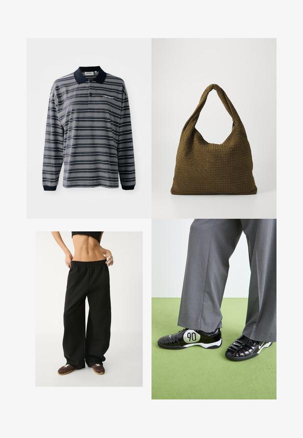 Cappotto nero realizzato in un tessuto simile alla lana, con fronte doppiopetto, ampio colletto, vita con cintura e polsini arrotolati.; Polo a maniche lunghe a righe blu navy e bianche, in tessuto di cotone, con colletto, patta con tre bottoni e un piccolo logo ricamato sul petto.; Pantaloni sportivi neri a gamba larga con vita elasticizzata. Realizzati in tessuto morbido, presentano una vestibilità rilassata. Abbinati a sneakers marroni.; Sneakers in pelle verniciata nera con un dettaglio argentato "90", caratterizzati da una superficie testurizzata e un design con lacci, abbinati a pantaloni larghi grigi.; Borsa in tessuto intrecciato di colore verde oliva, dalla forma ampia e arrotondata, con un'unica maniglia allungata per il trasporto. Superficie texturizzata.