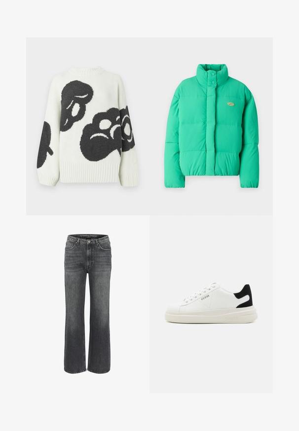 Zeleno pufferska bunda z visokim ovratnikom, zapiranjem na gumbke in vodoravnimi šivi. Vključuje majhen logotip na levi strani.; Pleteni pulover v krem barvi z velikimi črnimi abstraktnimi vzorci. Ima rebrast okrogel izrez in široke rokave za sproščen videz.; Široke jeans hlače iz temno sive denima, z klasičnim petimi žepi, šivanim detajlom in gumbom za zapiranje na pasu.; Bele usnjene športne copate z debelim belim podplatom, črnimi semišnimi detajli na peti in utisnjenim logotipom na strani. Zavezovanje s šestimi luknjicami.