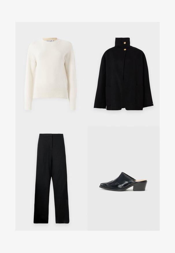 Giacca nera a collo alto con due bottoni dorati e due tasche frontali a toppa, esposta su uno sfondo neutro.; Maglione lavorato a maglia lungo in off-white con polsini e orlo a coste, scollatura rotonda e piccolo logo ricamato sul petto.; Pantaloni neri a gamba larga realizzati in un tessuto leggero. Presentano una superficie liscia, vita alta e dettagli di cucitura minimi.; Mule in pelle patinata nera con punta affusolata, design curvato e tacco a blocco basso con cuciture decorative lungo la parte superiore.