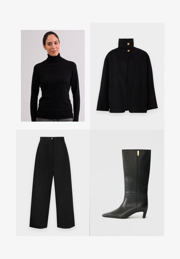Svart höghalsad jacka med två guldknappar och två framfickor, uppvisad mot en neutral bakgrund.; CASH-MERE CASH-MERE ROLLKRAGEN PULLOVER - Stickad tröja - schwarz; Svarta byxor med breda ben som har flat front, två veck, en enkel knappstängning och en slät textur. Inga synliga fickor.; Svarta läderknähöga stövlar med spetsig tå och låg klack. Har en elegant design med en guldfärgad detalj. Slät yta.
