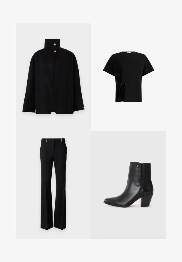 Jachetă neagră cu guler înalt, prevăzută cu două butoane aurii și două buzunare frontale, expusă pe un fundal simplu.; Tricou negru din bumbac cu mâneci scurte, având un detaliu de legare pe lateral. Design simplu, lejer, cu guler rotund.; LIU JO PANT FIT AND FLARE - Pantaloni - nero; Botină din piele neagră până la gleznă, cu vârf ascuțit, panouri laterale elastice și toc pătrat. Prezintă un mic accent cu logo auriu.