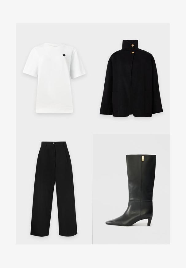 Zwarte hoge halsjas met twee gouden knopen en twee voorzakken, gepresenteerd tegen een effen achtergrond.; Witte t-shirt met korte mouwen met een kleine zwarte graphic op de linkerborst, tegen een effen lichte achtergrond.; Zwarte wijde broek met een platte voorkant, twee plooien, een enkele knoopsluiting en een gladde textuur. Geen zichtbare zakken.; Zwarte leren kniehoge laars met een spitse neus en een kleine hak. Beschikt over een slank ontwerp met een gouden accentdetail. Gladde textuur.