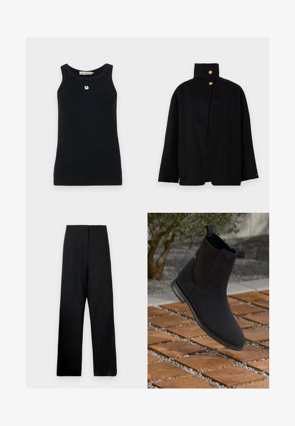 Črna jakna s visokim ovratnikom, dvema zlatima gumboma in dvema sprednjima žepoma, prikazana na enostavni podlagi.; Črn top z naramnicami iz rebraste tkanine, ki ima okroglo izrez in majhen bel cvetlični znak spredaj. Brezrokaven dizajn.; Črne hlače širokega kroja, izdelane iz lahkega materiala. Imajo gladko teksturo, visok pas in minimalne šive.; Črne gležnarje z elastiko na straneh, ki plavajo nad lesenimi kvadratnimi ploščicami s kamenčki v zunanjem okolju.